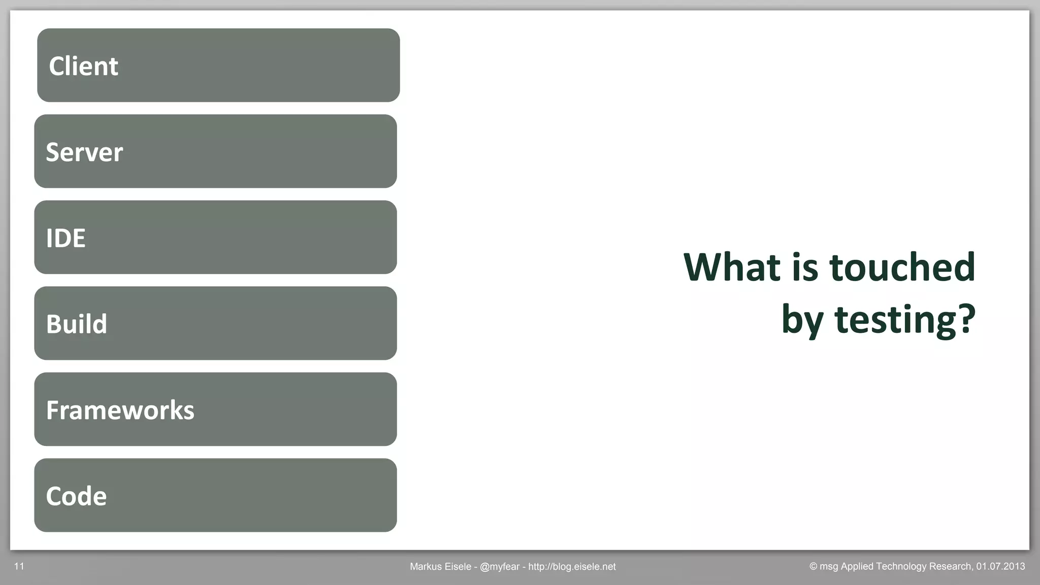 © msg Applied Technology Research, 01.07.2013Markus Eisele - @myfear - http://blog.eisele.net11
What is touched
by testing?
Frameworks
Build
IDE
Server
Client
Code
 
