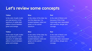 Let’s review some concepts
Yellow
Is the color of gold, butter
and ripe lemons. In the
spectrum of visible light,
yellow is found between
green and orange.
Blue
Is the colour of the clear sky
and the deep sea. It is
located between violet and
green on the optical
spectrum.
Red
Is the color of blood, and
because of this it has
historically been associated
with sacrifice, danger and
courage.
18
Yellow
Is the color of gold, butter
and ripe lemons. In the
spectrum of visible light,
yellow is found between
green and orange.
Blue
Is the colour of the clear sky
and the deep sea. It is
located between violet and
green on the optical
spectrum.
Red
Is the color of blood, and
because of this it has
historically been associated
with sacrifice, danger and
courage.
 