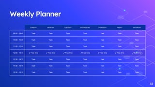 Weekly Planner
35
SUNDAY MONDAY TUESDAY WEDNESDAY THURSDAY FRIDAY SATURDAY
09:00 - 09:45 Task Task Task Task Task Task Task
10:00 - 10:45 Task Task Task Task Task Task Task
11:00 - 11:45 Task Task Task Task Task Task Task
12:00 - 13:15 ✔ Free time ✔ Free time ✔ Free time ✔ Free time ✔ Free time ✔ Free time ✔ Free time
13:30 - 14:15 Task Task Task Task Task Task Task
14:30 - 15:15 Task Task Task Task Task Task Task
15:30 - 16:15 Task Task Task Task Task Task Task
 