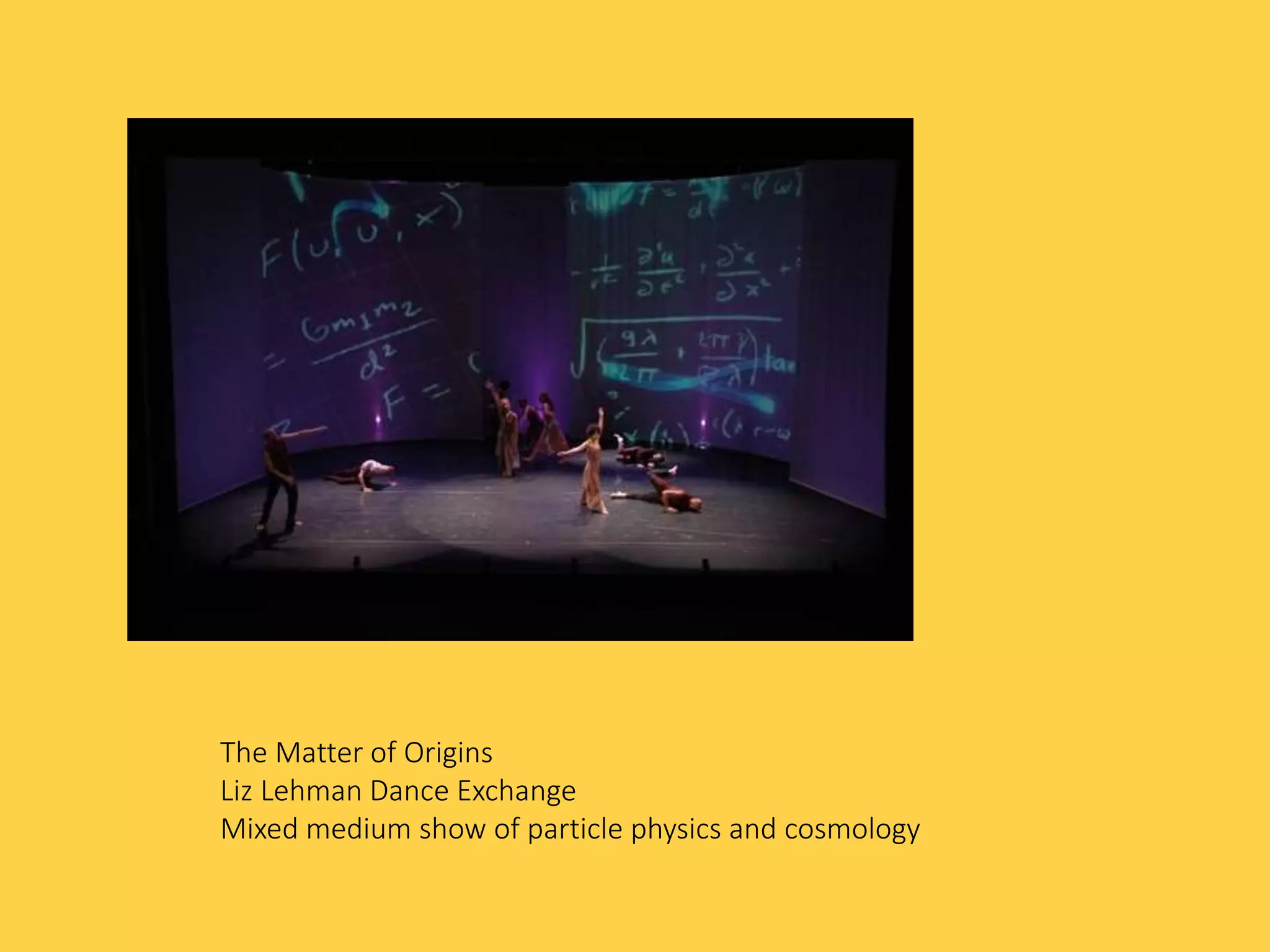 The Matter of Origins
Liz Lehman Dance Exchange
Mixed medium show of particle physics and cosmology
 