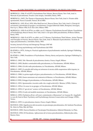 EL ALMA TRASCIENDE Y EL ALIENIGENA SE ESTREMECE: UNA RECETA PARA TODOS 
MORENO J.L. (1946, IV ed.1977), Psychodrama First Volume, Beacon House, New York, (trad. it. 
Manuale di psicodramma. Il teatro come terapia, Astrolabio, Roma, 1985). 
MORENO J.L. (1947), The Theatre of Spontaneity, Beacon House, New York, (trad. it. Il teatro della 
spontaneità, Nuova Guaraldi, Firenze, III ed.1980). 
MORENO J.L. (1953, III ed. 1978), Who Shall Survive?, Beacon House, New York, (trad. it. Principi di 
sociometria, psicoterapia di gruppo e sociodramma, Gruppo Editoriale Fabbri, Bompiani, Sonzogno, 
Etas S.p.A., Milano 1964, II ed. Etas Libri, Milano 1980). 
MORENO J.L. (1959; II ed.1975a), in collab. con Z.T. Moreno, Psychodrama Second Volume. Foundations 
of Psychotherapy, Beacon House, New York, (trad. it. Gli spazi dello psicodramma, Di Renzo Editore, 
Roma, 1995). 
MORENO J.L. (1969, II ed.1975), in collab. con Z.T. Moreno, Psychodrama Third Volume. Action Therapy 
and Principles of Practice, Beacon House, New York, (trad. it. Manuale di psicodramma. Tecniche di 
regìa psicodrammatica, Astrolabio, Roma, 1987). 
Sociatry, Journal of Group and Intergroup Therapy (1947-48) 
Journal of Group psychotherapy and Psychodrama (dal 1950) 
BLATNER A. (1973), Acting-in. Practical applications of psychodramatic methods, Springer Publishing 
Co., New York. 
BLATNER A. (1988), Foundation of Psychodrama. History, theory and practice, Springer Publishing Co., 
New York. 
BORIA G. (1983), Tele. Manuale di psicodramma classico, Franco Angeli, Milano. 
BORIA G. (1985), Realtà e semirealtà nello psicodramma, in: Psicodramma, AIPsiM, Milano. 
BORIA G. (1986), Gli altri nello psicodramma, in: Psicodramma, AIPsiM, Milano. 
BORIA G. (1987), Il controllo dell’acting out attraverso la tecnica della sospensione della risposta, in: 
Psicodramma, AIPsiM, Milano. 
BORIA G. (1988), La prima regola nel gioco psicodrammatico, in: Psicodramma, AIPsiM, Milano. 
BORIA G. (1989), Essere moreniano nel centenario di Moreno, in Psicodramma, AIPsiM, Milano. 
BORIA G (1990), Schegge di psicodramma, in Psicodramma, AIPsiM, Milano. 
BORIA G. (1991), Spontaneità e incontro nella vita e negli scritti di J.L. Moreno, UPSEL, Padova. 
BORIA G. (1991a), Un anno in un gruppo, in Psicodramma, AIPsiM, Milano. 
BORIA G. (1993), Il “qui ed ora” scenico, in Psicodramma, AIPsiM, Milano. 
BORIA G. (1995), Il ruolo nel modello moreniano, in Psicodramma, AIPsiM, Milano. 
BORIA G. (1995), Psichiatria all’est e all’ovest: contenimento o liberazione?, in: Gasseau M., AngeliniG. 
(a cura di), East-to-West: Psychiatry and Psychotherapy between Conservation and Change, UPSEL, 
Torino. 
BORIA G. (1997), Lo psicodramma classico, Franco Angeli, Milano. 
BUSTOS D. (1981), Significacion del encuentro en psicoterapia psicodramatica, Ed. Instituto Psicodrama 
Bs. Aires-La Plata, Mar del Plata. 
BUSTOS D. (1985), Nuevos Rumbos en Psicoterapia Psicodramatica, Editorial Momento, La Plata. 
BUSTOS D. (1992), El Psicodrama. Aplicaciones de la técnica psicodramàtica, Editorial plus ultra, 
Buenos Aires. 
132 De 135 - Profesor. Corrado Malanga 
 