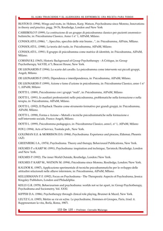 EL ALMA TRASCIENDE Y EL ALIENIGENA SE ESTREMECE: UNA RECETA PARA TODOS 
BUSTOS D. (1994), Wings and roots, in: Holmes, Karp, Watson, Psychodrama since Moreno, Innovations 
in theory and practice, pagg. 39-76, Routledge, London and New York 
CARRIROLO P. (1999), La costituzione di un gruppo di psicodramma classico per pazienti anoressico-bulimiche, 
in: Psicodramma Classico, Anno 1 n° 1, AIPsiM, Milano. 
CONSOLATI L.(1986), “...Specchio, specchio delle mie brame...”, in: Psicodramma, AIPsim, MIlano. 
CONSOLATI L. (1988), La teoria del ruolo, in: Psicodramma, AIPsiM, Milano. 
CONSOLATI L. (1991), Il gruppo di psicodramma come matrice di identità, in: Psicodramma, AIPsiM, 
Milano. 
CORSINI R.J. (1965), Historic Background of Group Psychotherapy - A Critique, in: Group 
Psychotherapy, Vol.VIII, n°3, Beacon House, New York. 
DE LEONARDIS P. (1994), Lo scarto del cavallo. Lo psicodramma come intervento sui piccoli gruppi, 
Angeli, Milano. 
DE LEONARDIS P. (1995), Dipendenza e interdipendenza, in: Psicodramma, AIPsiM, Milano. 
DE LEONARDIS P. (1999), Azione e fame d’azione in psicodramma, in: Psicodramma Classico, anno 1 n° 
1, AIPsiM, Milano 
DOTTI L. (1989), Psicodramma con i gruppi “reali”, in: Psicodramma, AIPsiM, Milano. 
DOTTI L. (1991), Io ausiliari professionisti nello psicodramma, problematiche nella formazione e nella 
terapia, in: Psicodramma, AIPsiM, Milano. 
DOTTI L. (1992), Il Playback Theatre come strumento formativo per grandi gruppi, in: Psicodramma, 
AIPsiM, Milano. 
DOTTI L. (1998), Forma e Azione – Metodi e tecniche psicodrammatiche nella formazione e 
nell’intervento sociale, Franco Angeli, Milano. 
DOTTI L. (1999), Psicodramma pedagogico, in: Psicodramma Classico, anno1, n° 1, AIPsiM, Milano 
FOX J. (1994), Acts of Service, Tusitala pub., New York. 
GOLDMAN E.E. & MORRISON D.S. (1984), Psychodrama. Experience and process, Eldemar, Phoenix 
(AZ). 
GREENBERG I.A., (1974), Psychodrama. Theory and therapy, Behavioural Publications, New York. 
HOLMES P. e KARP M. (1991), Psychodrama: inspiration and technique, Tavistock/Routledge, London 
and New York. 
HOLMES P. (1992), The inner World Outside, Routledge, London/New York. 
HOLMES P. KARP M., WATSON M. (1994), Psicodrama since Moreno, Routledge, London/New York. 
KALDOR K. (1987), Applicazione sperimentale di tecniche psicodrammatiche per lo sviluppo delle 
attitudini relazionali nelle allieve infermiere, in: Psicodramma, AIPsiM, MIlano. 
KELLERMANN P. F. (1992), Focus on Psychodrama - The Therapeutic Aspects of Psychodrama, Jessica 
Kingsley Publishers, London and Philadelphia. 
KELLY G.R. (1978), Behaviourism and psychodrama: worlds not so far apart, in: Group Psychotherapy, 
Psychodrama and Sociometry, Vol. XXXI. 
KIPPER D.A. (1986), Psychotherapy through clinical role playing, Brunner & Mazel, New York. 
LEUTZ G.A. (1985), Mettre sa vie en scène. Le psychodrame, Hommes et Groupes, Paris, (trad. it. 
Rappresentare la vita, Borla, Roma, 1987). 
133 De 135 - Profesor. Corrado Malanga 
 