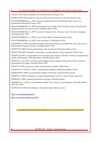 EL ALMA TRASCIENDE Y EL ALIENIGENA SE ESTREMECE: UNA RECETA PARA TODOS 
SALAS J. (1993), Improvising Real Life, Kendall/Hunt, Dubuque, USA. 
SAURI J.J. (1979), El psicodrama. Aportes a una teoria de los roles, Ed. Docencia, Buenos Aires. 
SCHUTZENBERGER A.A. (1970), Précis de psychodrame, Ed. Universitaires, Paris, (trad. it. Lo 
psicodramma, Martinelli, Firenze, 1972). 
SCHUTZENBERGER A.A. (1978), Introduction au jeu de r le, Privat, Toulouse, ô (trad. it. Introduzione 
allo psicodramma e al gioco di ruolo, Astrolabio, Roma, 1978). 
SCHUTZENBERGER A.A. (1975), Le corp et le group, Privat, Toulouse, (trad. it. Il corpo e il gruppo, 
Astrolabio, Roma, 1978). 
SCHUTZENBERGER A.A. (1981), Le jeu de rôle, Edition Sociales Françaises, Paris. 
SCHUTZENBERGER A.A. (1993), Aïe, mes aïeux!, La Meridienne, Paris. 
YABLONSKY L. (1974), Psychodrama theorie and practice. Behavioral Publications, New York, (trad. it. 
Psicodramma. Principi e tecniche, Astrolabio, Roma, 1978). 
ZURETTI M. (1983), Proceso psicodramatico, Ed. Instituto de Psicodrama, Buenos Aires. 
ZURETTI M.(1995), El Hombre en los grupos, sociopsicodrama, Lumen Argentina, Buenos Aires. 
ANZIEU D. (1956), Le psychodrame psychoanalique chez l’enfant, PUF, Paris. (Trad. it. Lo psicodramma 
analitico del bambino e dell’adolescente, Astrolabio, Roma, 1979). 
ANZIEU D. et al. (1972), Le travail psychoanalique dans les groups, Dunod, Paris. (Trad. it. Il lavoro 
psicoanalitico nei gruppi, Armando, Roma, 1975). 
CROCE E.B. (1985), Acting out e gioco in psicodramma analitico, Borla, Roma. 
GASSEAU M. e GASCA G. (1991), Lo psicodramma junghiano, Bollati Boringhieri, Torino. 
GERBAUDO R. (1988), Lo psicodramma analitico di bambini, Armando Editore, Roma. 
LEBOVICI S. (1956), Comments, in: Group Psychotherapy, vol. IX, n°1, Beacon House, New York. 
LEBOVICI S. (1980), Terapia psicoanalitica di gruppo, Feltrinelli, Milano. 
LEMOINE P. e G. (1972), Le Psychodrame, Laffont, Paris, (trad. it. Lo psicodramma, Feltrinelli, Milano, 
1973, II ed. 1977). 
SCATEGNI W. (1996), Psicodramma e Terapia di Gruppo, Red ed., Como. 
http://www.lemaniparlanti.it/ 
http://www.psibo.unibo.it/soft.htm 
135 De 135 - Profesor. Corrado Malanga 
