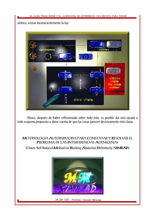 EL ALMA TRASCIENDE Y EL ALIENIGENA SE ESTREMECE: UNA RECETA PARA TODOS 
onírico, verían inconscientemente la luz. 
Ahora, después de haber reflexionado sobre todo esto, es posible dar una ojeada a 
todo esquema propuesto y darse cuenta de que las cosas parecen decisivamente más claras. 
METODOLOGIA AUTOINDUCIDA PARA CONSTATAR Y RESOLVER EL 
PROBLEMA DE LAS INTERFERENCIAS ALIENÌGENAS 
O bien: Self Induced Method for Blocking Abduction Definitively (SIMBAD) 
16 De 135 - Profesor. Corrado Malanga 
 