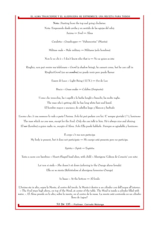 EL ALMA TRASCIENDE Y EL ALIENIGENA SE ESTREMECE: UNA RECETA PARA TODOS 
Note: Starting from the top and going clockwise: 
Nota: Empezando desde arriba y en sentido de las agujas del reloj: 
Anima — Soul — Alma 
Cavaletta – Grasshopper — “Saltamontes” (Mantis) 
Militare male – Male military — Militares (solo hombres) 
Non lo so chi è – I don’t know who that is — No se quien es éste 
Ringhio, non può venire ma telefonare – Growl (a shadow being), he cannot come, but he can call in 
Ringhio/Growl (un ser sombra) no puede venir pero puede llamar 
Essere di Luce – Light Being ( LUX ) — Ser de Luz 
Biscio – Grass snake — Culebra (Serpiente) 
Uomo che invecchia, ha i capelli e la barba lunghi e bianchi; ha molte rughe. 
The man who’s getting old; he has long white hair and beard. 
El hombre mayor o anciano; de cabellos largo y blancos y barbudo 
L’uomo che c’è ma nessuno lo vede a parte l’Anima. Solo lei può parlare con lui. E’ sempre gioviale ( ? ), luminoso 
The man which no one sees, except for the Soul. Only she can talk to him. He’s always nice and shining. 
El ser (hombre) a quien nadie ve, excepto el Alma. Solo Ella puede hablarle. Siempre es agradable y luminoso. 
Il corpo c’è ma non partecipa 
My body is present, but it does not participate — Mi cuerpo está presente pero no participa. 
Spirito – Spirit — Espíritu 
Testa a cuore con bambino – Heart-Shaped head alien, with child – Alienìgena 'Cabeza de Corazón' con niño 
Lei non si siede – She doesn’t sit down (referring to the Orange aliens female) 
Ella no se sienta (Refiriéndose al alienígena femenino Orange) 
In basso – At the bottom — Al fondo 
L’Anima sta in alto, sopra la Mente, al centro del tavolo. la Mente è dentro a un cilindro con dell’acqua all’interno. 
– The Soul stays high above, on top of the Mind, at center of the table. The Mind is inside a cylinder filled with 
water. -. El Alma preside en lo alto; sobre la mente, en el centro de la mesa. La mente está contenida en un cilindro 
lleno de ¿agua? 
53 De 135 - Profesor. Corrado Malanga 
 