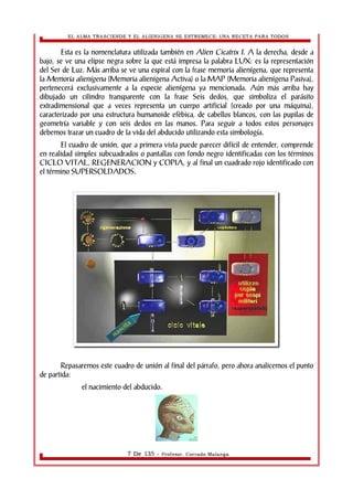 EL ALMA TRASCIENDE Y EL ALIENIGENA SE ESTREMECE: UNA RECETA PARA TODOS 
Esta es la nomenclatura utilizada también en Alien Cicatrix I. A la derecha, desde a 
bajo, se ve una elipse negra sobre la que está impresa la palabra LUX: es la representación 
del Ser de Luz. Más arriba se ve una espiral con la frase memoria alienígena, que representa 
la Memoria alienígena (Memoria alienígena Activa) o la MAP (Memoria alienígena Pasiva), 
pertenecerá exclusivamente a la especie alienígena ya mencionada. Aún más arriba hay 
dibujado un cilindro transparente con la frase Seis dedos, que simboliza el parásito 
extradimensional que a veces representa un cuerpo artificial (creado por una máquina), 
caracterizado por una estructura humanoide efèbica, de cabellos blancos, con las pupilas de 
geometría variable y con seis dedos en las manos. Para seguir a todos estos personajes 
debemos trazar un cuadro de la vida del abducido utilizando esta simbología. 
El cuadro de unión, que a primera vista puede parecer difícil de entender, comprende 
en realidad simples subcuadrados o pantallas con fondo negro identificadas con los términos 
CICLO VITAL, REGENERACION y COPIA, y al final un cuadrado rojo identificado con 
el término SUPERSOLDADOS. 
Repasaremos este cuadro de unión al final del párrafo, pero ahora analicemos el punto 
de partida: 
el nacimiento del abducido. 
7 De 135 - Profesor. Corrado Malanga 
 