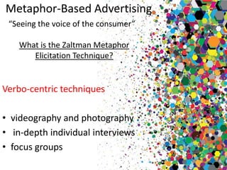 Metaphor-Based Advertising
 “Seeing the voice of the consumer”

    What is the Zaltman Metaphor
       Elicitation Technique?


Verbo-centric techniques

• videography and photography
• in-depth individual interviews
• focus groups
 