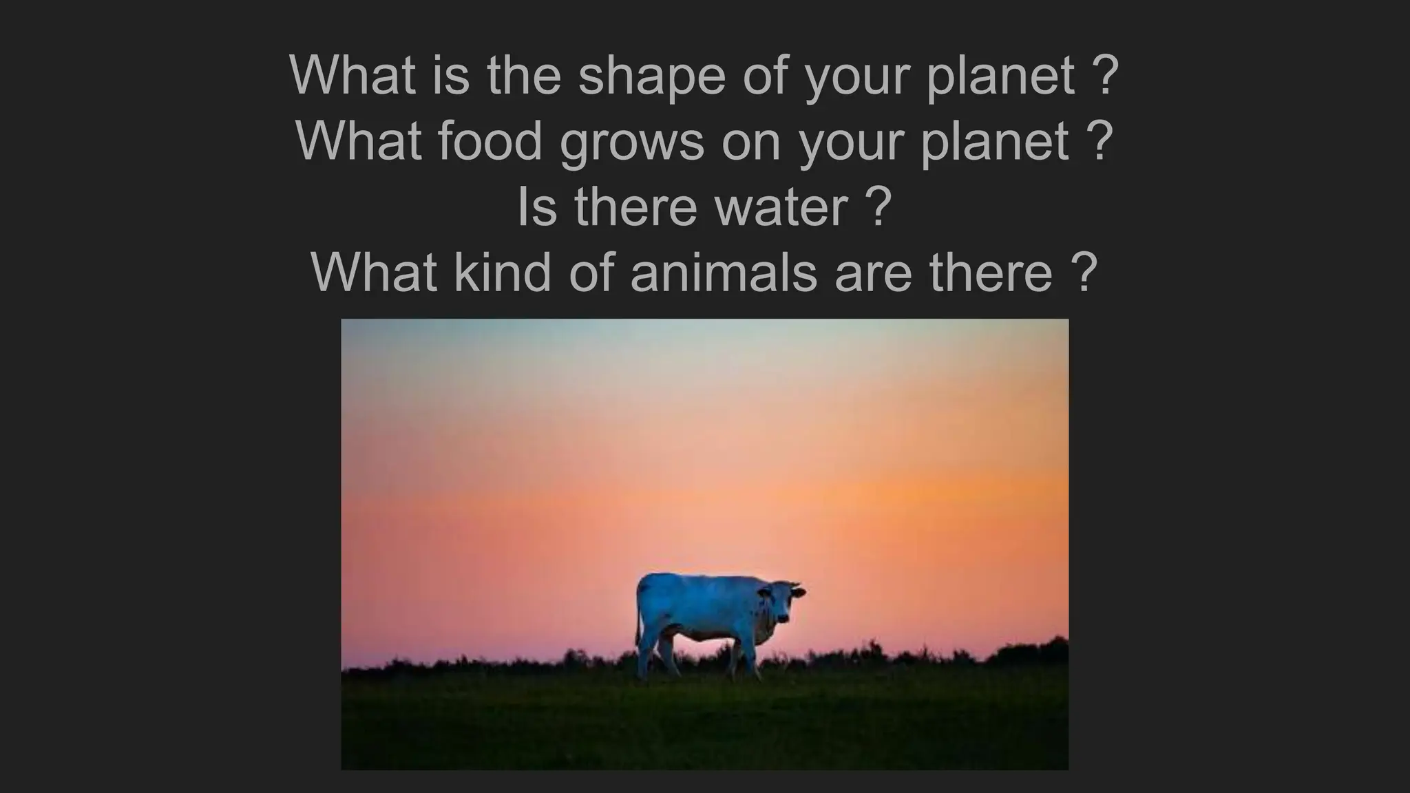 What is the shape of your planet ?
What food grows on your planet ?
Is there water ?
What kind of animals are there ?
 