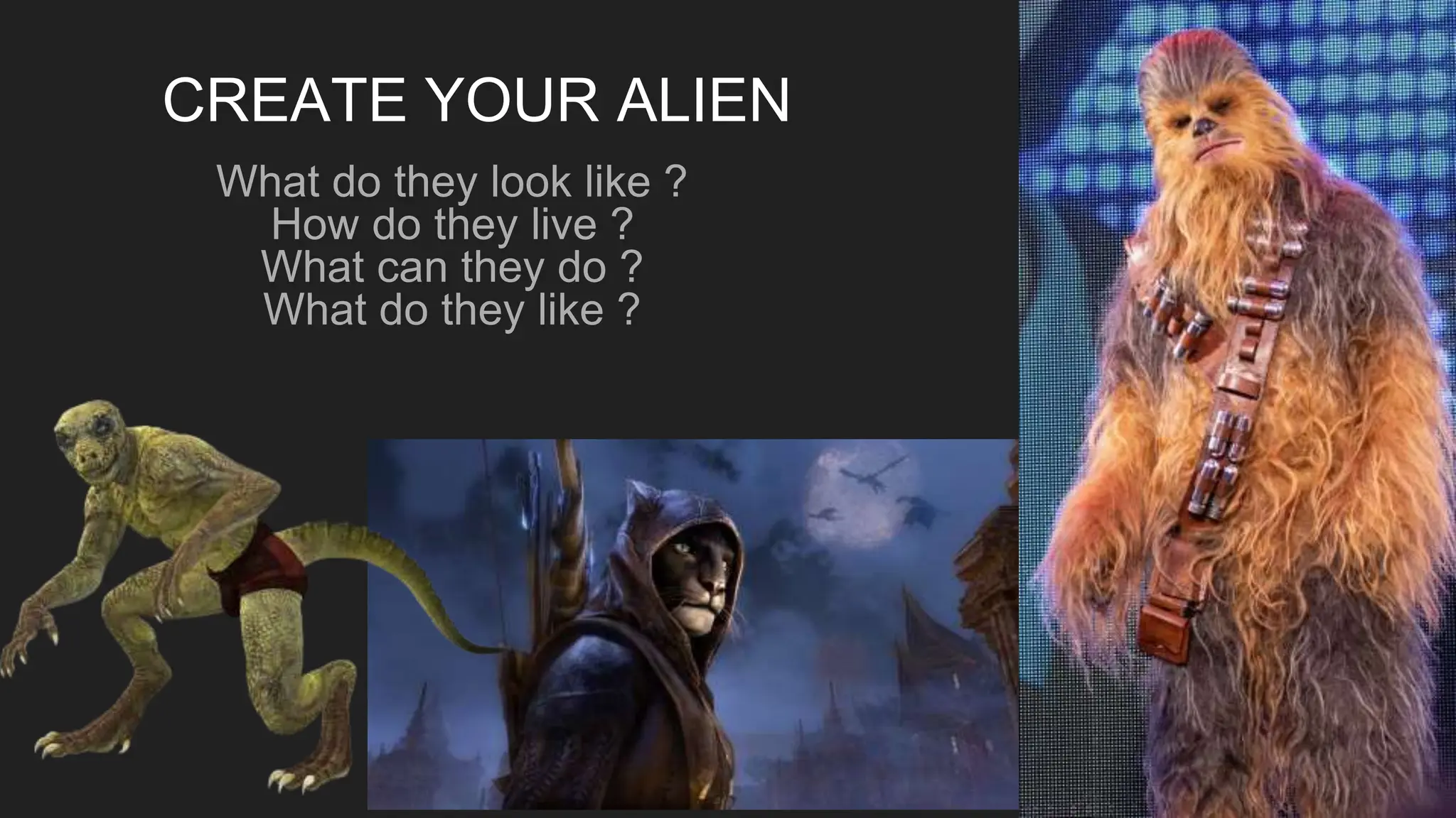 CREATE YOUR ALIEN
What do they look like ?
How do they live ?
What can they do ?
What do they like ?
 