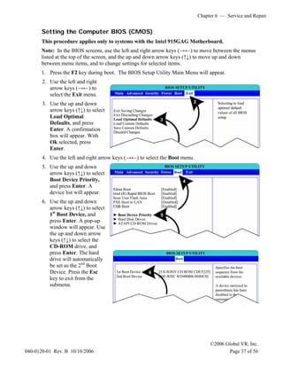 Chapter 6 — Service and Repair
©2006 Global VR, Inc.
040-0120-01 Rev. B 10/10/2006 Page 37 of 56
Setting the Computer BIOS (CMOS)
This procedure applies only to systems with the Intel 915GAG Motherboard.
Note: In the BIOS screens, use the left and right arrow keys (→←) to move between the menus
listed at the top of the screen, and the up and down arrow keys (↑↓) to move up and down
between menu items, and to change settings for selected items.
1. Press the F2 key during boot. The BIOS Setup Utility Main Menu will appear.
2. Use the left and right
arrow keys (→←) to
select the Exit menu.
3. Use the up and down
arrow keys (↑↓) to select
Load Optimal
Defaults, and press
Enter. A confirmation
box will appear. With
Ok selected, press
Enter.
4. Use the left and right arrow keys (→←) to select the Boot menu.
5. Use the up and down
arrow keys (↑↓) to select
Boot Device Priority,
and press Enter. A
device list will appear.
6. Use the up and down
arrow keys (↑↓) to select
1st
Boot Device, and
press Enter. A pop-up
window will appear. Use
the up and down arrow
keys (↑↓) to select the
CD-ROM drive, and
press Enter. The hard
drive will automatically
be set as the 2nd
Boot
Device. Press the Esc
key to exit from the
submenu.
 