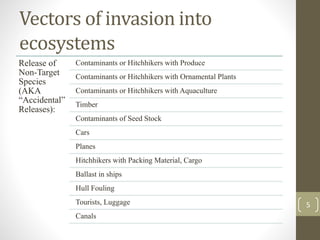Vectors of invasion into
ecosystems
Release of
Non-Target
Species
(AKA
“Accidental”
Releases):
Contaminants or Hitchhikers with Produce
Contaminants or Hitchhikers with Ornamental Plants
Contaminants or Hitchhikers with Aquaculture
Timber
Contaminants of Seed Stock
Cars
Planes
Hitchhikers with Packing Material, Cargo
Ballast in ships
Hull Fouling
Tourists, Luggage
Canals
5
 