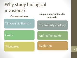 Why study biological
invasions?
Consequences
Threaten biodiversity
Costly
Widespread
Unique opportunities for
research
Community ecology
Animal behavior
Evolution
6
 