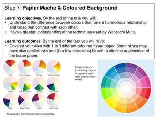 Step 7: Papier Mache & Coloured Background
Learning objectives. By the end of the task you will:
• Understand the difference between colours that have a harmonious relationship
and those that contrast with each other;
• Have a greater understanding of the techniques used by Wangechi Mutu.
Learning outcomes. By the end of the task you will have:
• Covered your alien with 1 to 3 different coloured tissue paper. Some of you may
have also applied inks and (in a few occasions) bleach to alter the appearance of
the tissue paper.
Analogous or Harmonius colour relationships.
Complementary
(contrasting colours
sit opposite each
other on the colour
wheel).
 