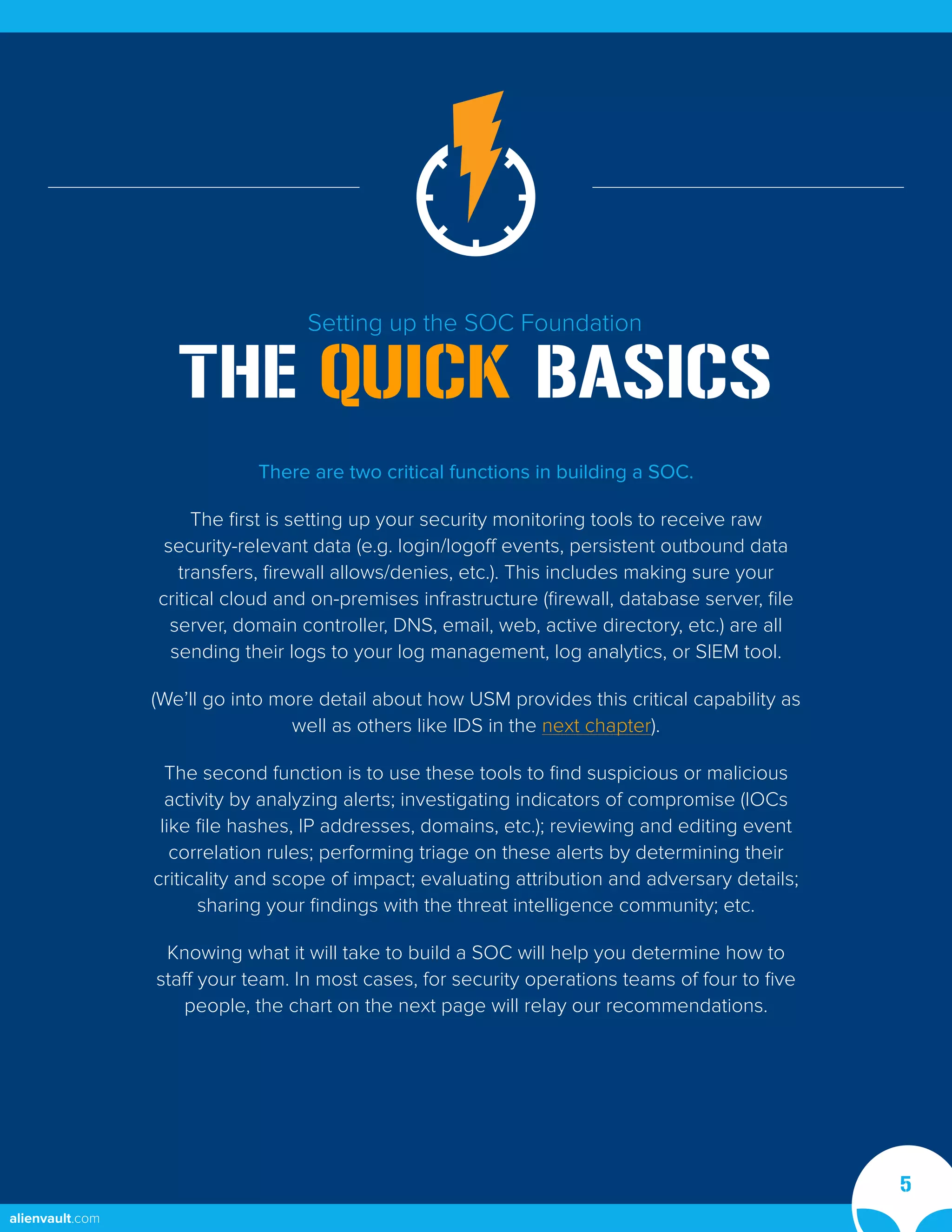 Setting up the SOC Foundation
THE QUICK BASICS
There are two critical functions in building a SOC.
The first is setting up your security monitoring tools to receive raw
security-relevant data (e.g. login/logoff events, persistent outbound data
transfers, firewall allows/denies, etc.). This includes making sure your
critical cloud and on-premises infrastructure (firewall, database server, file
server, domain controller, DNS, email, web, active directory, etc.) are all
sending their logs to your log management, log analytics, or SIEM tool.
(We’ll go into more detail about how USM provides this critical capability as
well as others like IDS in the next chapter).
The second function is to use these tools to find suspicious or malicious
activity by analyzing alerts; investigating indicators of compromise (IOCs
like file hashes, IP addresses, domains, etc.); reviewing and editing event
correlation rules; performing triage on these alerts by determining their
criticality and scope of impact; evaluating attribution and adversary details;
sharing your findings with the threat intelligence community; etc.
Knowing what it will take to build a SOC will help you determine how to
staff your team. In most cases, for security operations teams of four to five
people, the chart on the next page will relay our recommendations.
5
alienvault.com
 