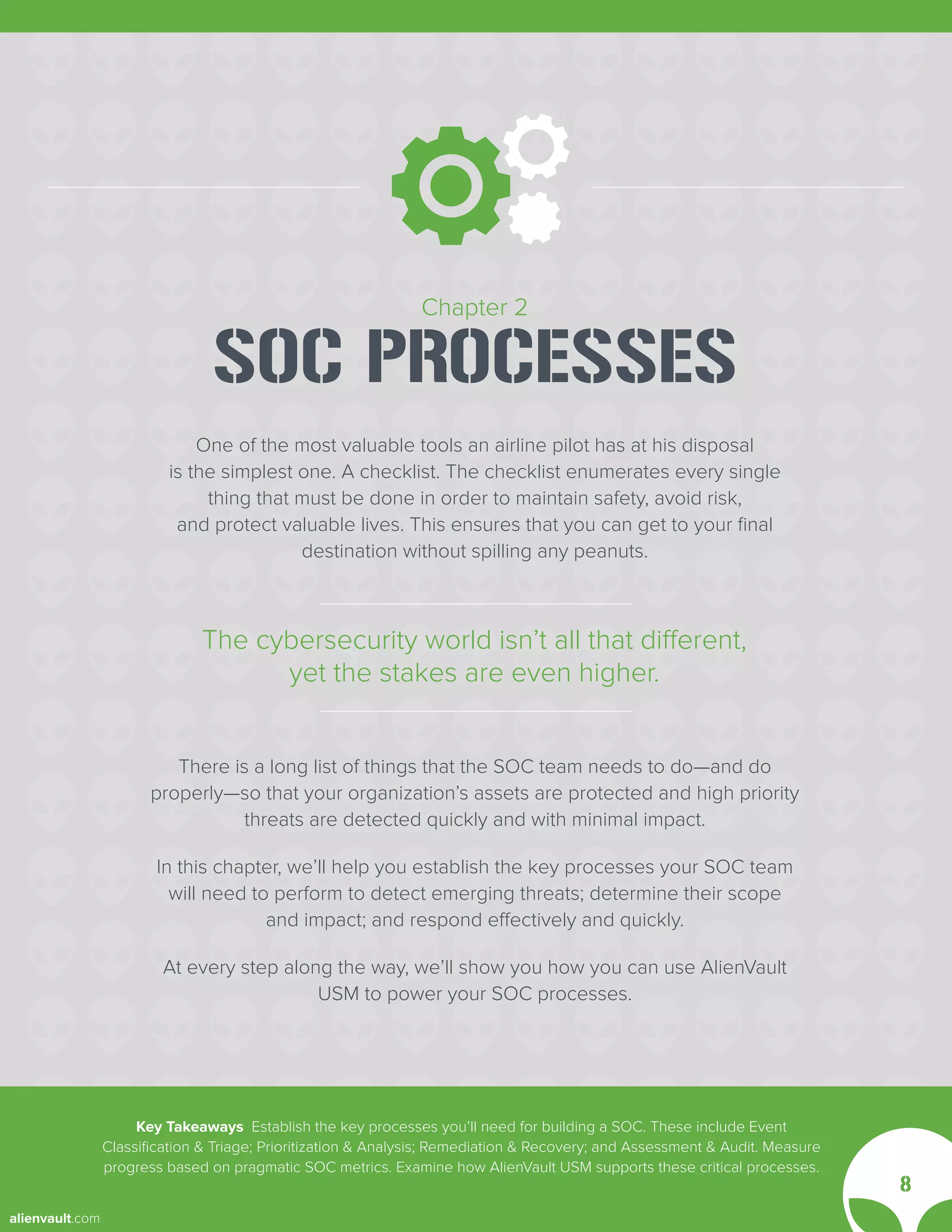 Chapter 2
SOC PROCESSES
One of the most valuable tools an airline pilot has at his disposal
is the simplest one. A checklist. The checklist enumerates every single
thing that must be done in order to maintain safety, avoid risk,
and protect valuable lives. This ensures that you can get to your final
destination without spilling any peanuts.
There is a long list of things that the SOC team needs to do—and do
properly—so that your organization’s assets are protected and high priority
threats are detected quickly and with minimal impact.
In this chapter, we’ll help you establish the key processes your SOC team
will need to perform to detect emerging threats; determine their scope
and impact; and respond effectively and quickly.
At every step along the way, we’ll show you how you can use AlienVault
USM to power your SOC processes.
The cybersecurity world isn’t all that different,
yet the stakes are even higher.
Key Takeaways Establish the key processes you’ll need for building a SOC. These include Event
Classification & Triage; Prioritization & Analysis; Remediation & Recovery; and Assessment & Audit. Measure
progress based on pragmatic SOC metrics. Examine how AlienVault USM supports these critical processes.
8
alienvault.com
 