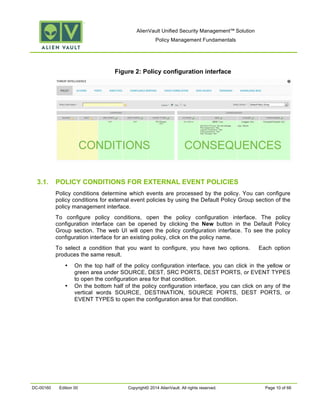 AlienVault Unified Security Management™ Solution
Policy Management Fundamentals
DC-00160 Edition 00 Copyright© 2014 AlienVault. All rights reserved. Page 10 of 66
Figure 2: Policy configuration interface
3.1. POLICY CONDITIONS FOR EXTERNAL EVENT POLICIES
Policy conditions determine which events are processed by the policy. You can configure
policy conditions for external event policies by using the Default Policy Group section of the
policy management interface.
To configure policy conditions, open the policy configuration interface. The policy
configuration interface can be opened by clicking the New button in the Default Policy
Group section. The web UI will open the policy configuration interface. To see the policy
configuration interface for an existing policy, click on the policy name.
To select a condition that you want to configure, you have two options. Each option
produces the same result.
• On the top half of the policy configuration interface, you can click in the yellow or
green area under SOURCE, DEST, SRC PORTS, DEST PORTS, or EVENT TYPES
to open the configuration area for that condition.
• On the bottom half of the policy configuration interface, you can click on any of the
vertical words SOURCE, DESTINATION, SOURCE PORTS, DEST PORTS, or
EVENT TYPES to open the configuration area for that condition.
 