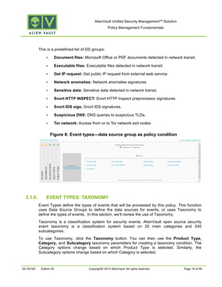 AlienVault Unified Security Management™ Solution
Policy Management Fundamentals
DC-00160 Edition 00 Copyright© 2014 AlienVault. All rights reserved. Page 16 of 66
This is a predefined list of DS groups:
• Document files: Microsoft Office or PDF documents detected in network transit.
• Executable files: Executable files detected in network transit.
• Get IP request: Get public IP request from external web service.
• Network anomalies: Network anomalies signatures.
• Sensitive data: Sensitive data detected in network transit.
• Snort HTTP INSPECT: Snort HTTP Inspect preprocessor signatures.
• Snort IDS sigs: Snort IDS signatures.
• Suspicious DNS: DNS queries to suspicious TLDs.
• Tor network: Access from or to Tor network exit nodes
Figure 8: Event types—data source group as policy condition
3.1.6. EVENT TYPES: TAXONOMY
Event Types define the types of events that will be processed by this policy. This function
uses Data Source Groups to define the data sources for events, or uses Taxonomy to
define the types of events. In this section, we’ll review the use of Taxonomy.
Taxonomy is a classification system for security events. AlienVault open source security
event taxonomy is a classification system based on 20 main categories and 240
subcategories.
To use Taxonomy, click the Taxonomy button. You can then use the Product Type,
Category, and Subcategory taxonomy parameters for creating a taxonomy condition. The
Category options change based on which Product Type is selected. Similarly, the
Subcategory options change based on which Category is selected.
 