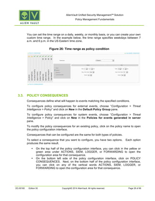 AlienVault Unified Security Management™ Solution
Policy Management Fundamentals
DC-00160 Edition 00 Copyright© 2014 AlienVault. All rights reserved. Page 28 of 66
You can set the time range on a daily, weekly, or monthly basis, or you can create your own
custom time range. In the example below, the time range specifies weekdays between 7
a.m. and 6 p.m. in the US Eastern time zone.
Figure 26: Time range as policy condition
3.3. POLICY CONSEQUENCES
Consequences define what will happen to events matching the specified conditions.
To configure policy consequences for external events, choose “Configuration > Threat
Intelligence > Policy” and click on New in the Default Policy Group pane.
To configure policy consequences for system events, choose “Configuration > Threat
Intelligence > Policy” and click on New in the Policies for events generated in server
pane.
To modify the policy consequences for an existing policy, click on the policy name to open
the policy configuration interface.
Consequences that can be configured are the same for both types of policies.
To select a consequence that you want to configure, you have two options. Each option
produces the same result.
• On the top half of the policy configuration interface, you can click in the yellow or
green area under ACTIONS, SIEM, LOGGER, or FORWARDING to open the
configuration area for that consequence.
• On the bottom left side of the policy configuration interface, click on POLICY
CONSEQUENCES. Next, on the bottom half of the policy configuration interface,
you can click on any of the vertical words ACTIONS, SIEM, LOGGER, or
FORWARDING to open the configuration area for that consequence.
 