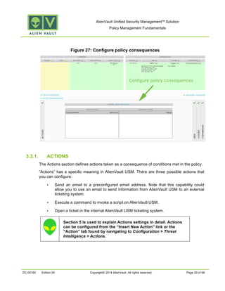 AlienVault Unified Security Management™ Solution
Policy Management Fundamentals
DC-00160 Edition 00 Copyright© 2014 AlienVault. All rights reserved. Page 29 of 66
Figure 27: Configure policy consequences
3.3.1. ACTIONS
The Actions section defines actions taken as a consequence of conditions met in the policy.
“Actions” has a specific meaning in AlienVault USM. There are three possible actions that
you can configure:
• Send an email to a preconfigured email address. Note that this capability could
allow you to use an email to send information from AlienVault USM to an external
ticketing system.
• Execute a command to invoke a script on AlienVault USM.
• Open a ticket in the internal AlienVault USM ticketing system.
Section 5 is used to explain Actions settings in detail. Actions
can be configured from the “Insert New Action” link or the
“Action” tab found by navigating to Configuration > Threat
Intelligence > Actions.
 