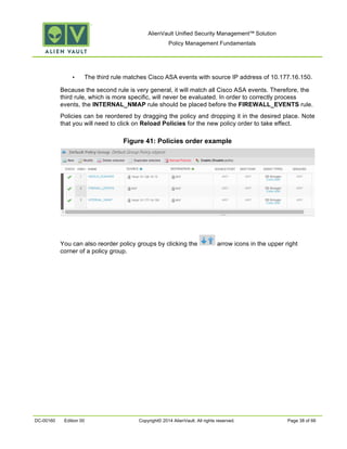 AlienVault Unified Security Management™ Solution
Policy Management Fundamentals
DC-00160 Edition 00 Copyright© 2014 AlienVault. All rights reserved. Page 38 of 66
• The third rule matches Cisco ASA events with source IP address of 10.177.16.150.
Because the second rule is very general, it will match all Cisco ASA events. Therefore, the
third rule, which is more specific, will never be evaluated. In order to correctly process
events, the INTERNAL_NMAP rule should be placed before the FIREWALL_EVENTS rule.
Policies can be reordered by dragging the policy and dropping it in the desired place. Note
that you will need to click on Reload Policies for the new policy order to take effect.
Figure 41: Policies order example
You can also reorder policy groups by clicking the arrow icons in the upper right
corner of a policy group.
 