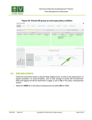 AlienVault Unified Security Management™ Solution
Policy Management Fundamentals
DC-00160 Edition 00 Copyright© 2014 AlienVault. All rights reserved. Page 50 of 66
Figure 54: Choose DS group as event type policy condition
6.2. DISCARD EVENTS
Follow the instructions below to discard Gtalk related events, so that no risk assessment, no
logical correlation, no cross-correlation, and no SQL storage of events will be performed.
Note that logging will still be performed if Logger is set to Yes in the policy consequences
section.
1. Select the SIEM tab in the policy consequences and select NO for SIEM:
 