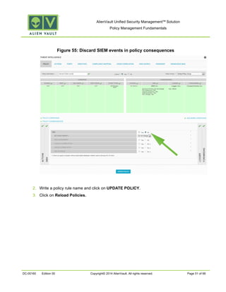 AlienVault Unified Security Management™ Solution
Policy Management Fundamentals
DC-00160 Edition 00 Copyright© 2014 AlienVault. All rights reserved. Page 51 of 66
Figure 55: Discard SIEM events in policy consequences
2. Write a policy rule name and click on UPDATE POLICY.
3. Click on Reload Policies.
 