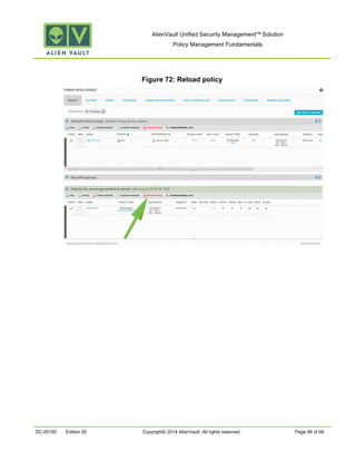 AlienVault Unified Security Management™ Solution
Policy Management Fundamentals
DC-00160 Edition 00 Copyright© 2014 AlienVault. All rights reserved. Page 66 of 66
Figure 72: Reload policy
 