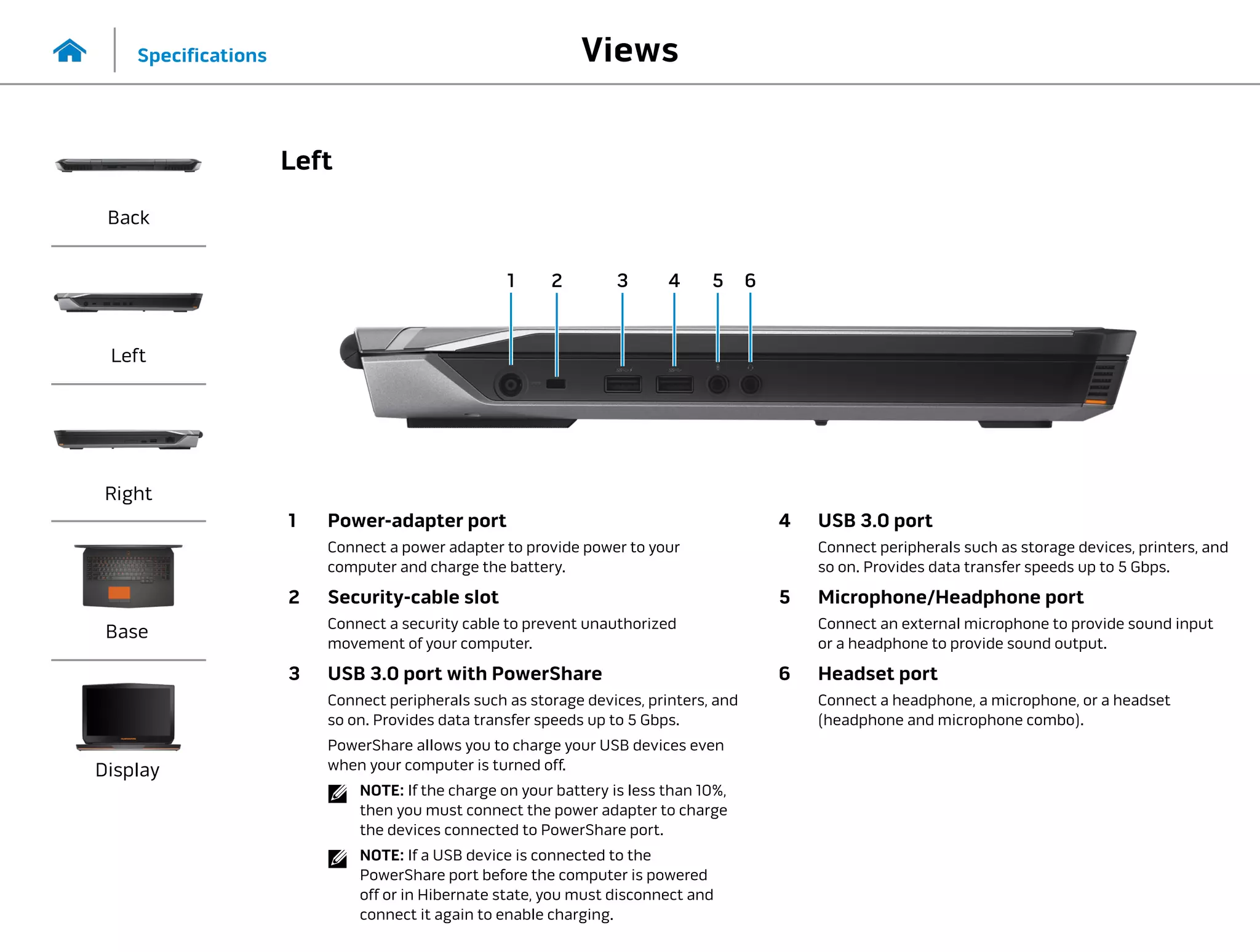 1 2 4 5
3 6
1 Power-adapter port
Connect a power adapter to provide power to your
computer and charge the battery.
2 Security-cable slot
Connect a security cable to prevent unauthorized
movement of your computer.
3 USB 3.0 port with PowerShare
Connect peripherals such as storage devices, printers, and
so on. Provides data transfer speeds up to 5 Gbps.
PowerShare allows you to charge your USB devices even
when your computer is turned off.
NOTE: If the charge on your battery is less than 10%,
then you must connect the power adapter to charge
the devices connected to PowerShare port.
NOTE: If a USB device is connected to the
PowerShare port before the computer is powered
off or in Hibernate state, you must disconnect and
connect it again to enable charging.
4 USB 3.0 port
Connect peripherals such as storage devices, printers, and
so on. Provides data transfer speeds up to 5 Gbps.
5 Microphone/Headphone port
Connect an external microphone to provide sound input
or a headphone to provide sound output.
6 Headset port
Connect a headphone, a microphone, or a headset
(headphone and microphone combo).
Views
Specifications
Back
Left
Right
Base
Display
Left
 