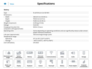 Specifications
Views
System
information
Memory
Ports and
connectors
Dimensions and
weight
Computer
environment
Storage
Touch pad Power adapter
Camera
Communications
Battery
Video Audio
Display
Media-card
reader
Keyboard
Battery
Type 8 cell lithium-ion 92 WHr
Dimensions:
Width 383.20 mm (15.09 in)
Depth 79.05 mm (3.11 in)
Height 19.80 mm (0.78 in)
Weight (maximum) 0.516 kg (1.14 lb)
Voltage 14.8 VDC
Charging time when the
computer is off (approximate)
Within 4 hours
Operating time Varies depending on operating conditions and can significantly reduce under certain
power-intensive conditions.
Life span (approximate) 300 discharge/charge cycles
Temperature range:
Operating 0°C to 35°C (32°F to 95°F)
Storage –40°C to 65°C (–40°F to 149°F)
Coin-cell battery CR-2032
 