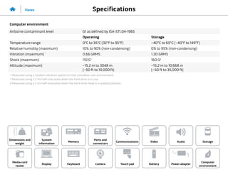 Specifications
Views
System
information
Memory
Ports and
connectors
Dimensions and
weight
Computer
environment
Storage
Touch pad Power adapter
Camera
Communications
Battery
Video Audio
Display
Media-card
reader
Keyboard
Computer environment
Airborne contaminant level G1 as defined by ISA-S71.04-1985
Operating Storage
Temperature range 0°C to 35°C (32°F to 95°F) –40°C to 65°C (–40°F to 149°F)
Relative humidity (maximum) 10% to 90% (non-condensing) 0% to 95% (non-condensing)
Vibration (maximum) *
0.66 GRMS 1.30 GRMS
Shock (maximum) 110 G†
160 G‡
Altitude (maximum) –15.2 m to 3048 m
(–50 ft to 10,000 ft)
–15.2 m to 10,668 m
(–50 ft to 35,000 ft)
*	Measured using a random vibration spectrum that simulates user environment.
†	Measured using a 2 ms half-sine pulse when the hard drive is in use.
‡	Measured using a 2 ms half-sine pulse when the hard-drive head is in parked position.
 