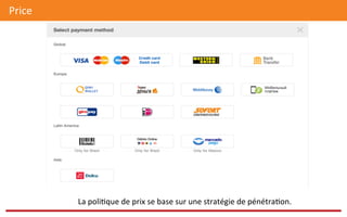 Price 	
   	
   	
  	
  
La	
  poli@que	
  de	
  prix	
  se	
  base	
  sur	
  une	
  stratégie	
  de	
  pénétra@on.	
  
 