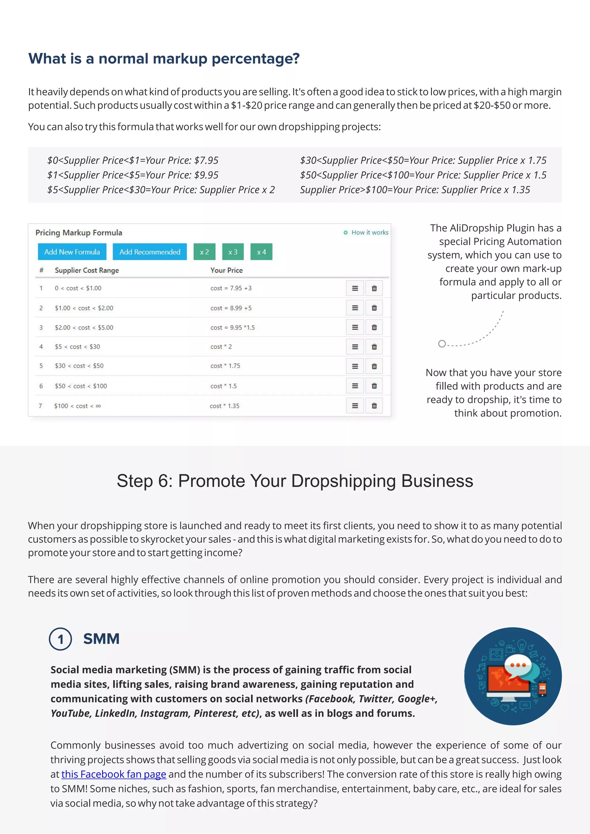 The AliDropship Plugin has a
special Pricing Automation
system, which you can use to
create your own mark-up
formula and apply to all or
particular products.
Now that you have your store
filled with products and are
ready to dropship, it's time to
think about promotion.
Commonly businesses avoid too much advertizing on social media, however the experience of some of our
thriving projects shows that selling goods via social media is not only possible, but can be a great success. Just look
at and the number of its subscribers! The conversion rate of this store is really high owing
this Facebook fan page
to SMM! Some niches, such as fashion, sports, fan merchandise, entertainment, baby care, etc., are ideal for sales
via social media, so why not take advantage of this strategy?
1 SMM
Social media marketing (SMM) is the process of gaining traffic from social
media sites, lifting sales, raising brand awareness, gaining reputation and
communicating with customers on social networks (Facebook, Twitter, Google+,
YouTube, LinkedIn, Instagram, Pinterest, etc), as well as in blogs and forums.
$30<Supplier Price<$50=Your Price: Supplier Price x 1.75
$50<Supplier Price<$100=Your Price: Supplier Price x 1.5
Supplier Price>$100=Your Price: Supplier Price x 1.35
$0<Supplier Price<$1=Your Price: $7.95
$1<Supplier Price<$5=Your Price: $9.95
$5<Supplier Price<$30=Your Price: Supplier Price x 2
It heavilydependson what kind of productsyou are selling.It's often a good idea to stick to low prices,with a high margin
potential.Such productsusuallycost withina $1-$20price range and can generally then be pricedat $20-$50or more.
You can also try this formula that works well for our own dropshipping projects:
 