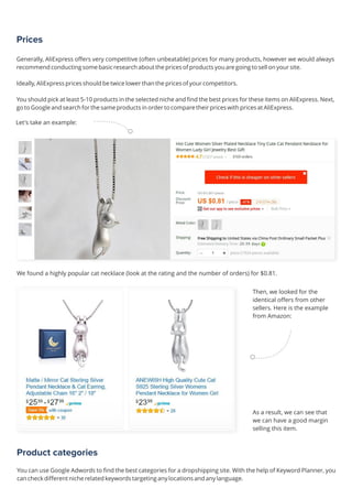 Then, we looked for the
identical offers from other
sellers. Here is the example
from Amazon:
We found a highly popular cat necklace (look at the rating and the number of orders) for $0.81.
Product categories
Prices
Generally, AliExpress offers very competitive (often unbeatable) prices for many products, however we would always
recommend conducting some basic research about the prices of products you are going to sell on your site.
Ideally, AliExpress prices should be twice lower than the prices of your competitors.
You should pick at least 5-10 products in the selected niche and find the best prices for these items on AliExpress. Next,
go to Google and search for the same products in order to compare their prices with prices at AliExpress.
Let's take an example:
As a result, we can see that
we can have a good margin
selling this item.
 