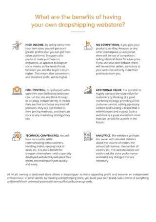 What are the benefits of having
your own dropshipping webstore?
FULL CONTROL. Dropshippers who
own their own dedicated webstore
can run the site and think through
its strategy independently. It means
they are free to choose any kind of
products, they are not limited in
their pricing methods, and they can
stick to any marketing strategy they
like.
NO COMPETITION. If you post your
products on eBay, Amazon, or any
other marketplace or ads portal,
there will be lots of competitors
selling identical items for a low price.
If you use your own website, there
will be no other sellers, so visitors to
your webstore will only make their
purchases from you.
ANALYTICS. The webstore provides
the owner with detailed statistics
about the volume of orders, the
amount of revenue, the number of
visitors, etc. The website owner can
easily track the store performance
and make any changes that are
necessary.
 