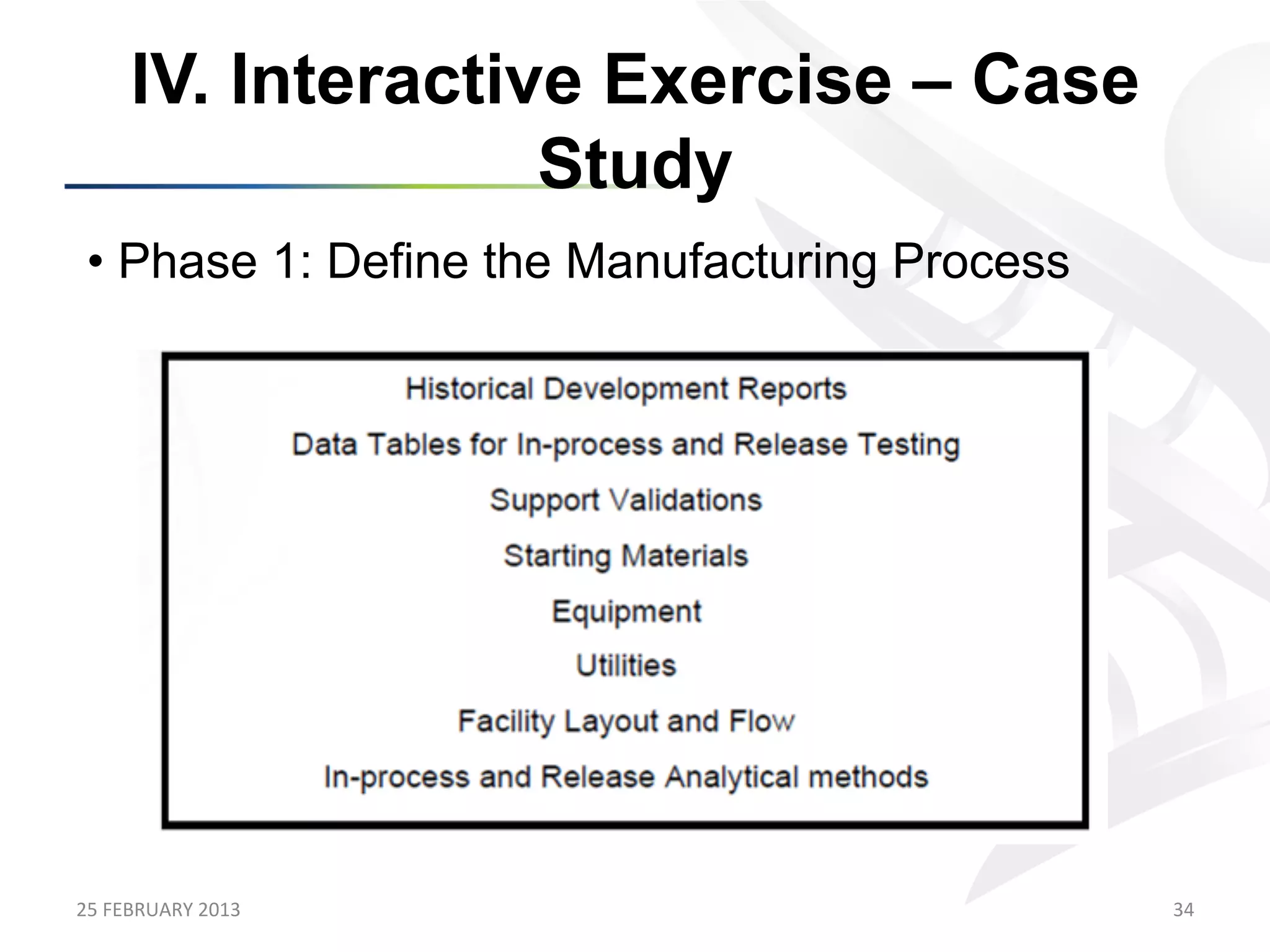 IV. Interactive Exercise – Case
                      Study
 •  Phase 1: Define the Manufacturing Process




25	
  FEBRUARY	
  2013	
                        34	
  
 