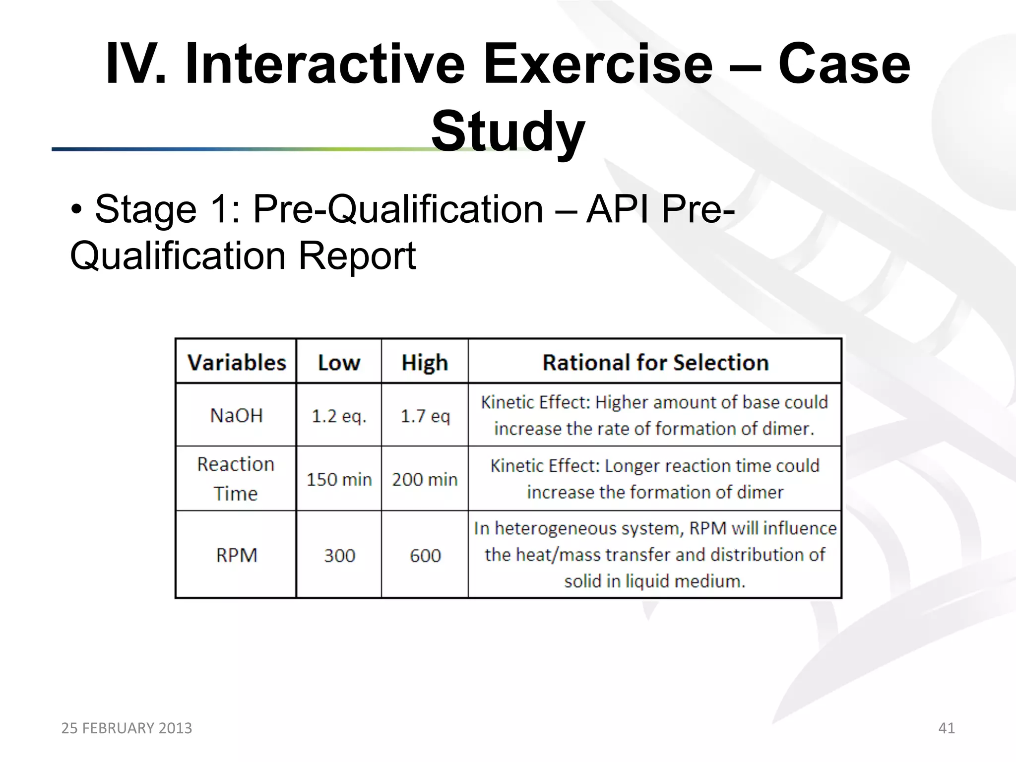 IV. Interactive Exercise – Case
                      Study
 •  Stage 1: Pre-Qualification – API Pre-
 Qualification Report




25	
  FEBRUARY	
  2013	
                    41	
  
 