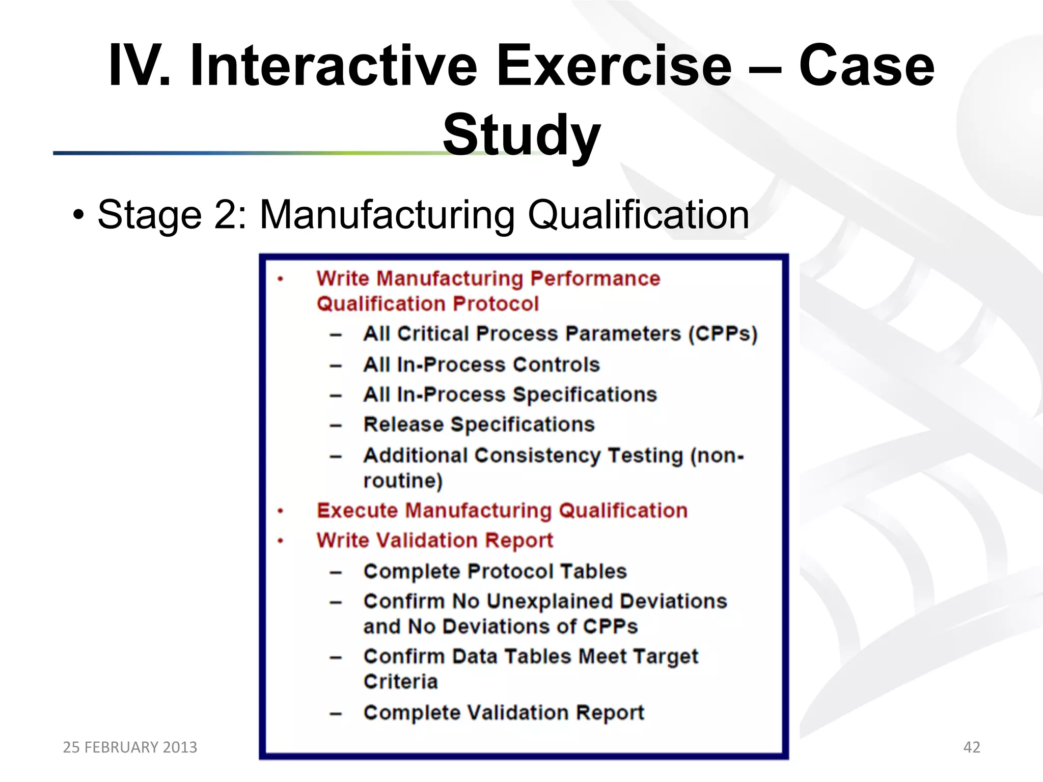 IV. Interactive Exercise – Case
                      Study
 •  Stage 2: Manufacturing Qualification




25	
  FEBRUARY	
  2013	
                   42	
  
 