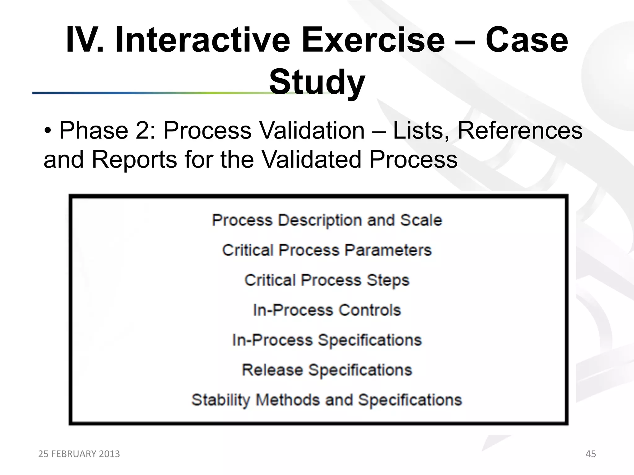 IV. Interactive Exercise – Case
                      Study
 •  Phase 2: Process Validation – Lists, References
 and Reports for the Validated Process




25	
  FEBRUARY	
  2013	
                              45	
  
 