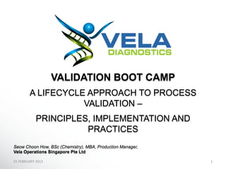 VALIDATION BOOT CAMP
             A LIFECYCLE APPROACH TO PROCESS
                        VALIDATION –
                   PRINCIPLES, IMPLEMENTATION AND
                             PRACTICES
Seow Choon How, BSc (Chemistry), MBA, Production Manager,
Vela Operations Singapore Pte Ltd

25	
  FEBRUARY	
  2013	
                                    1	
  
 