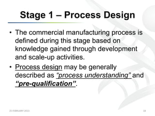 Stage 1 – Process Design
•  The commercial manufacturing process is
   defined during this stage based on
   knowledge gained through development
   and scale-up activities.
•  Process design may be generally
   described as “process understanding” and
   “pre-qualification”.


25	
  FEBRUARY	
  2013	
                  18	
  
 