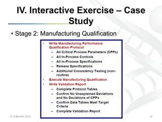 IV. Interactive Exercise – Case
                      Study
 •  Stage 2: Manufacturing Qualification




25	
  FEBRUARY	
  2013	
                   42	
  
 