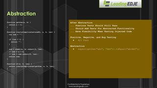 Confidential & Proprietary
www.leadingedje.com
Confidential & Proprietary
www.leadingedje.com
function getSum(a, b) {
return a + b;
}
function overlyComplicated(sumFn, a, b, len) {
var sum = “”;
if (len < 1) {
return “”;
}
sum = sumFn(a, b).substr(0, len);
// sum = a + b;
// sum = sum.substr(0, len);
return sum;
}
function oC(a, b, len) {
return overlyComplicated(getSum, a, b, len);
}
After Abstraction
... Previous Tests Should Still Pass
... Should Add Tests For Abstracted Functionality
... Have Flexibility When Testing Injected Code
Positive, Negative, and Bug Testing
● All Pass
Abstraction
● expect(getSum(“abc”, “dev”)).toEqual(“abcdef”);
Abstraction
 