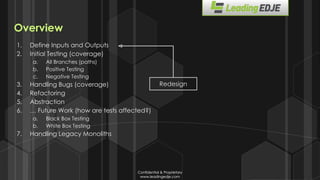 Confidential & Proprietary
www.leadingedje.com
Confidential & Proprietary
www.leadingedje.com
Overview
1. Define Inputs and Outputs
2. Initial Testing (coverage)
a. All Branches (paths)
b. Positive Testing
c. Negative Testing
3. Handling Bugs (coverage)
4. Refactoring
5. Abstraction
6. … Future Work (how are tests affected?)
a. Black Box Testing
b. White Box Testing
7. Handling Legacy Monoliths
Redesign
 