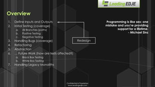 Confidential & Proprietary
www.leadingedje.com
Confidential & Proprietary
www.leadingedje.com
Overview
1. Define Inputs and Outputs
2. Initial Testing (coverage)
a. All Branches (paths)
b. Positive Testing
c. Negative Testing
3. Handling Bugs (coverage)
4. Refactoring
5. Abstraction
6. … Future Work (how are tests affected?)
a. Black Box Testing
b. White Box Testing
7. Handling Legacy Monoliths
Programming is like sex: one
mistake and you’re providing
support for a lifetime.
- Michael Sinz
Redesign
 