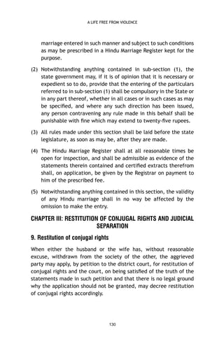 A LIFE FREE FROM VIOLENCE

marriage entered in such manner and subject to such conditions
as may be prescribed in a Hindu Marriage Register kept for the
purpose.
(2) Notwithstanding anything contained in sub-section (1), the
state government may, if it is of opinion that it is necessary or
expedient so to do, provide that the entering of the particulars
referred to in sub-section (1) shall be compulsory in the State or
in any part thereof, whether in all cases or in such cases as may
be speciﬁed, and where any such direction has been issued,
any person contravening any rule made in this behalf shall be
punishable with ﬁne which may extend to twenty-ﬁve rupees.
(3) All rules made under this section shall be laid before the state
legislature, as soon as may be, after they are made.
(4) The Hindu Marriage Register shall at all reasonable times be
open for inspection, and shall be admissible as evidence of the
statements therein contained and certiﬁed extracts therefrom
shall, on application, be given by the Registrar on payment to
him of the prescribed fee.
(5) Notwithstanding anything contained in this section, the validity
of any Hindu marriage shall in no way be affected by the
omission to make the entry.

CHAPTER III: RESTITUTION OF CONJUGAL RIGHTS AND JUDICIAL
SEPARATION
9. Restitution of conjugal rights
When either the husband or the wife has, without reasonable
excuse, withdrawn from the society of the other, the aggrieved
party may apply, by petition to the district court, for restitution of
conjugal rights and the court, on being satisﬁed of the truth of the
statements made in such petition and that there is no legal ground
why the application should not be granted, may decree restitution
of conjugal rights accordingly.

130

 