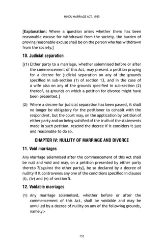 HINDU MARRIAGE ACT, 1955

[Explanation: Where a question arises whether there has been
reasonable excuse for withdrawal from the society, the burden of
proving reasonable excuse shall be on the person who has withdrawn
from the society.]

10. Judicial separation
[(1) Either party to a marriage, whether solemnised before or after
the commencement of this Act, may present a petition praying
for a decree for judicial separation on any of the grounds
speciﬁed in sub-section (1) of section 13, and in the case of
a wife also on any of the grounds speciﬁed in sub-section (2)
thereof, as grounds on which a petition for divorce might have
been presented.]
(2) Where a decree for judicial separation has been passed, it shall
no longer be obligatory for the petitioner to cohabit with the
respondent, but the court may, on the application by petition of
either party and on being satisﬁed of the truth of the statements
made in such petition, rescind the decree if it considers it just
and reasonable to do so.

CHAPTER IV: NULLITY OF MARRIAGE AND DIVORCE
11. Void marriages
Any Marriage solemnised after the commencement of this Act shall
be null and void and may, on a petition presented by either party
thereto 7[against the other party], be so declared by a decree of
nullity if it contravenes any one of the conditions speciﬁed in clauses
(i), (iv) and (v) of section 5.

12. Voidable marriages
(1) Any marriage solemnised, whether before or after the
commencement of this Act, shall be voidable and may be
annulled by a decree of nullity on any of the following grounds,
namely:-

131

 