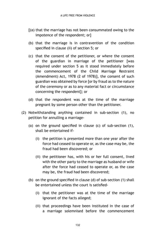 A LIFE FREE FROM VIOLENCE

[(a) that the marriage has not been consummated owing to the
impotence of the respondent; or]
(b) that the marriage is in contravention of the condition
speciﬁed in clause (ii) of section 5; or
(c) that the consent of the petitioner, or where the consent
of the guardian in marriage of the petitioner [was
required under section 5 as it stood immediately before
the commencement of the Child Marriage Restraint
(Amendment) Act, 1978 (2 of 1978)], the consent of such
guardian was obtained by force [or by fraud as to the nature
of the ceremony or as to any material fact or circumstance
concerning the respondent]; or
(d) that the respondent was at the time of the marriage
pregnant by some person other than the petitioner.
(2) Notwithstanding anything contained in sub-section (1), no
petition for annulling a marriage(a) on the ground speciﬁed in clause (c) of sub-section (1),
shall be entertained if(i) the petition is presented more than one year after the
force had ceased to operate or, as the case may be, the
fraud had been discovered; or
(ii) the petitioner has, with his or her full consent, lived
with the other party to the marriage as husband or wife
after the force had ceased to operate or, as the case
may be, the fraud had been discovered;
(b) on the ground speciﬁed in clause (d) of sub-section (1) shall
be entertained unless the court is satisﬁed(i) that the petitioner was at the time of the marriage
ignorant of the facts alleged;
(ii) that proceedings have been instituted in the case of
a marriage solemnised before the commencement

132

 