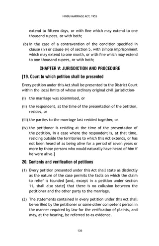 HINDU MARRIAGE ACT, 1955

extend to ﬁfteen days, or with ﬁne which may extend to one
thousand rupees, or with both;
(b) in the case of a contravention of the condition speciﬁed in
clause (iv) or clause (v) of section 5, with simple imprisonment
which may extend to one month, or with ﬁne which may extend
to one thousand rupees, or with both;

CHAPTER V: JURISDICTION AND PROCEDURE
[19. Court to which petition shall be presented
Every petition under this Act shall be presented to the District Court
within the local limits of whose ordinary original civil jurisdiction(i) the marriage was solemnised, or
(ii) the respondent, at the time of the presentation of the petition,
resides, or
(iii) the parties to the marriage last resided together, or
(iv) the petitioner is residing at the time of the presentation of
the petition, in a case where the respondent is, at that time,
residing outside the territories to which this Act extends, or has
not been heard of as being alive for a period of seven years or
more by those persons who would naturally have heard of him if
he were alive.]

20. Contents and verification of petitions
(1) Every petition presented under this Act shall state as distinctly
as the nature of the case permits the facts on which the claim
to relief is founded [and, except in a petition under section
11, shall also state] that there is no collusion between the
petitioner and the other party to the marriage.
(2) The statements contained in every petition under this Act shall
be veriﬁed by the petitioner or some other competent person in
the manner required by law for the veriﬁcation of plaints, and
may, at the hearing, be referred to as evidence.

139

 