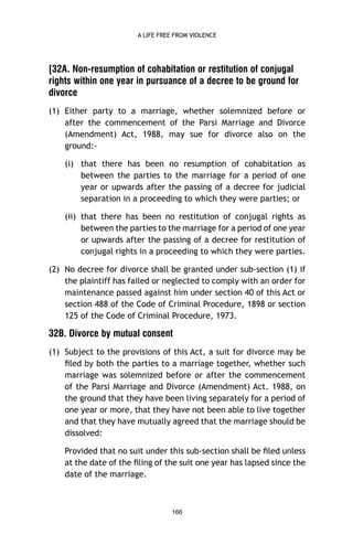 A LIFE FREE FROM VIOLENCE

[32A. Non-resumption of cohabitation or restitution of conjugal
rights within one year in pursuance of a decree to be ground for
divorce
(1) Either party to a marriage, whether solemnized before or
after the commencement of the Parsi Marriage and Divorce
(Amendment) Act, 1988, may sue for divorce also on the
ground:(i) that there has been no resumption of cohabitation as
between the parties to the marriage for a period of one
year or upwards after the passing of a decree for judicial
separation in a proceeding to which they were parties; or
(ii) that there has been no restitution of conjugal rights as
between the parties to the marriage for a period of one year
or upwards after the passing of a decree for restitution of
conjugal rights in a proceeding to which they were parties.
(2) No decree for divorce shall be granted under sub-section (1) if
the plaintiff has failed or neglected to comply with an order for
maintenance passed against him under section 40 of this Act or
section 488 of the Code of Criminal Procedure, 1898 or section
125 of the Code of Criminal Procedure, 1973.

32B. Divorce by mutual consent
(1) Subject to the provisions of this Act, a suit for divorce may be
ﬁled by both the parties to a marriage together, whether such
marriage was solemnized before or after the commencement
of the Parsi Marriage and Divorce (Amendment) Act. 1988, on
the ground that they have been living separately for a period of
one year or more, that they have not been able to live together
and that they have mutually agreed that the marriage should be
dissolved:
Provided that no suit under this sub-section shall be ﬁled unless
at the date of the ﬁling of the suit one year has lapsed since the
date of the marriage.

166

 