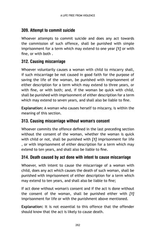 A LIFE FREE FROM VIOLENCE

309. Attempt to commit suicide
Whoever attempts to commit suicide and does any act towards
the commission of such offence, shall be punished with simple
imprisonment for a term which may extend to one year [1] or with
ﬁne, or with both .

312. Causing miscarriage
Whoever voluntarily causes a woman with child to miscarry shall,
if such miscarriage be not caused in good faith for the purpose of
saving the life of the woman, be punished with imprisonment of
either description for a term which may extend to three years, or
with ﬁne, or with both; and, if the woman be quick with child,
shall be punished with imprisonment of either description for a term
which may extend to seven years, and shall also be liable to ﬁne.
Explanation: A woman who causes herself to miscarry, is within the
meaning of this section.

313. Causing miscarriage without woman's consent
Whoever commits the offence deﬁned in the last preceding section
without the consent of the woman, whether the woman is quick
with child or not, shall be punished with [1] imprisonment for life
, or with imprisonment of either description for a term which may
extend to ten years, and shall also be liable to ﬁne.

314. Death caused by act done with intent to cause miscarriage
Whoever, with intent to cause the miscarriage of a woman with
child, does any act which causes the death of such woman, shall be
punished with imprisonment of either description for a term which
may extend to ten years, and shall also be liable to ﬁne;
If act done without woman's consent and if the act is done without
the consent of the woman, shall be punished either with [1]
imprisonment for life or with the punishment above mentioned.
Explanation: It is not essential to this offence that the offender
should know that the act is likely to cause death.

262

 